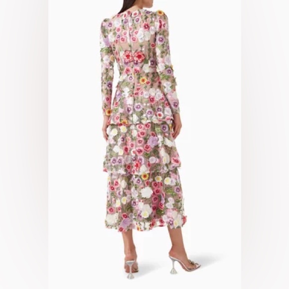 ELLIATT Neve Floral Tiered Gown Size S NWT Romantic Embroidered Mesh Midi Dress - Picture 3 of 8